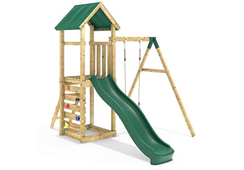 REBO Abenteuer Spielturm mit Schaukel und Rutsche aus Holz Spielturm Satteldach - 3