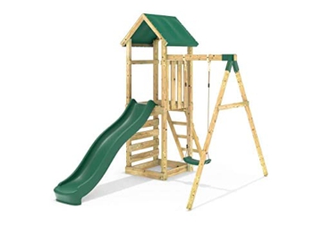 REBO Abenteuer Spielturm mit Schaukel und Rutsche aus Holz Spielturm Satteldach - 1
