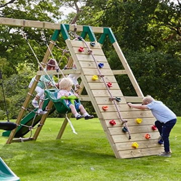 REBO Holzklettergerüst mit 2 Schaukeln, Rutschen und Kletterwand aus Holz Spielturm Satteldach - 9