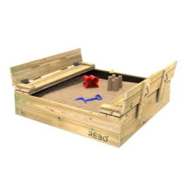 REBO Kinder Sandkasten für den Garten, Outdoor Sandbox mit Sitzbänken , Kinder Sandkiste 120 x 120 x 16 cm aus Holz für Draußen - 1