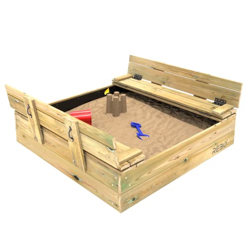 REBO Kinder Sandkasten für den Garten, Outdoor Sandbox mit Sitzbänken , Kinder Sandkiste 120 x 120 x 16 cm aus Holz für Draußen - 4