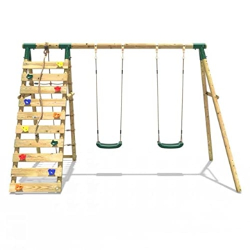 REBO Outdoor Doppelschaukel aus Holz, Kinderschaukel für den Garten inkl. Kletterwand und Kletternetz, Kinderspielplatz 183 x 331 x 213 cm - 2