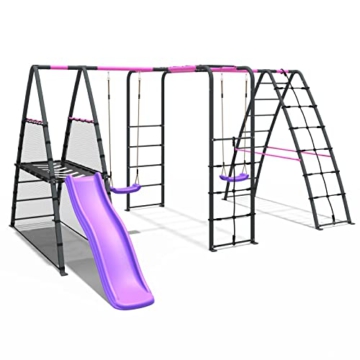 REBO Outdoor Schaukel mit Rutsche für Kinder, Kinderschaukel aus Metall, Spielturm mit Doppeschaukel, Kinderschaukel für den Garten inkl. Hangelstange, Kinderspielplatz 341 x 420 x 215 cm, Pink - 3