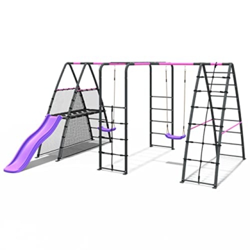 REBO Outdoor Schaukel mit Rutsche für Kinder, Kinderschaukel aus Metall, Spielturm mit Doppeschaukel, Kinderschaukel für den Garten inkl. Hangelstange, Kinderspielplatz 341 x 420 x 215 cm, Pink - 1