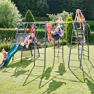 REBO Outdoor Schaukel mit Rutsche für Kinder, Kinderschaukel aus Metall, Spielturm mit Doppeschaukel, Kinderschaukel für den Garten inkl. Hangelstange, Kinderspielplatz 341 x 420 x 215 cm, Pink - 6