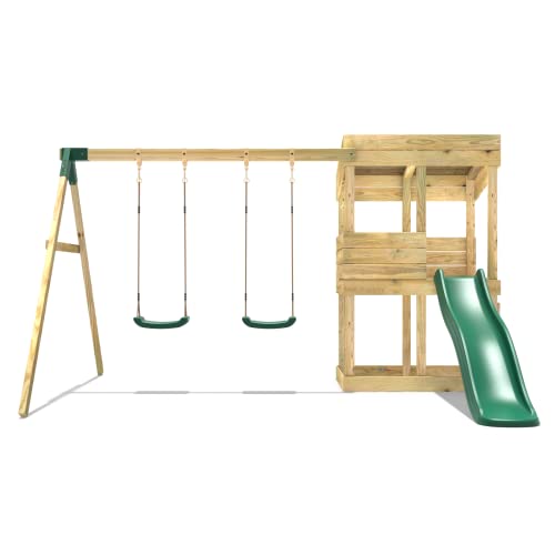 REBO Outdoor Spielturm mit Doppelschaukel, Rutsche aus Holz, Kinder Klettergerüst für den Garten inkl. Ausblicksturm, Kinderspielplatz 223 x 345 x 202 cm - 2