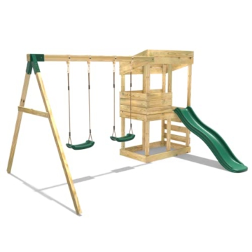 REBO Outdoor Spielturm mit Doppelschaukel, Rutsche aus Holz, Kinder Klettergerüst für den Garten inkl. Ausblicksturm, Kinderspielplatz 223 x 345 x 202 cm - 4