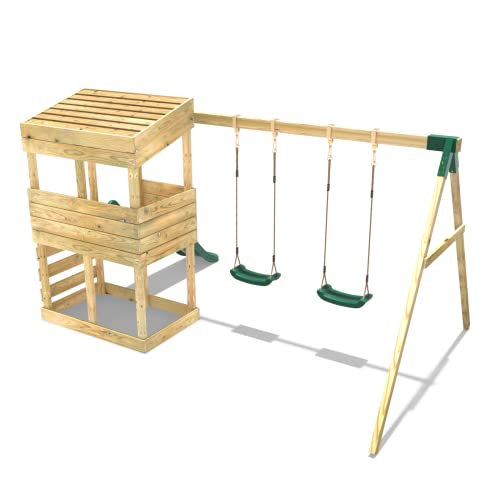 REBO Outdoor Spielturm mit Doppelschaukel, Rutsche aus Holz, Kinder Klettergerüst für den Garten inkl. Ausblicksturm, Kinderspielplatz 223 x 345 x 202 cm - 5