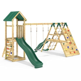 REBO Outdoor Spielturm mit Doppelschaukel, Rutsche aus Holz, Kinder Klettergerüst für den Garten inkl. Kletterwand, Kletternetz und Holzleiter, Kinderspielplatz 329 x 415 x 271 cm - 1