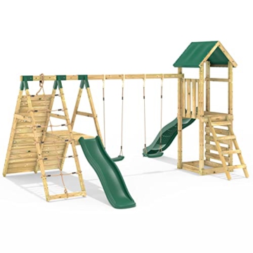 REBO Outdoor Spielturm mit Doppelschaukel, Rutsche aus Holz, Kinder Klettergerüst für den Garten inkl. Kletterwand, Kletternetz und Holzleiter, Kinderspielplatz 329 x 415 x 271 cm - 2