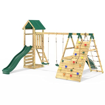 REBO Outdoor Spielturm mit Doppelschaukel, Rutsche aus Holz, Kinder Klettergerüst für den Garten inkl. Kletterwand, Kletternetz und Holzleiter, Kinderspielplatz 329 x 415 x 271 cm - 4