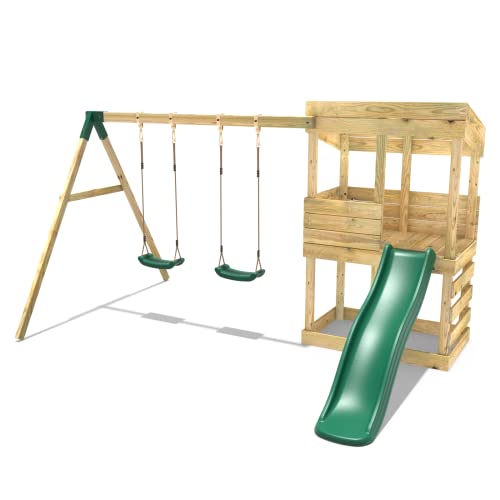 REBO Outdoor Spielturm mit Doppelschaukel, Rutsche aus Holz, Kinder Klettergerüst für den Garten inkl. Ausblicksturm, Kinderspielplatz 223 x 345 x 202 cm - 1