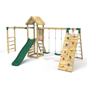 Rebo Outdoor Spielturm mit Doppelschaukel und Rutsche aus Holz, Kinder Schaukel für den Garten inkl. Hangelstange, Kletterwand und Holzleiter, Kinderspielplatz 453 x 355 x 270 cm - 2