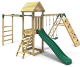 Rebo Outdoor Spielturm mit Doppelschaukel und Rutsche aus Holz, Kinder Schaukel für den Garten inkl. Hangelstange, Kletterwand und Holzleiter, Kinderspielplatz 453 x 355 x 270 cm - 1