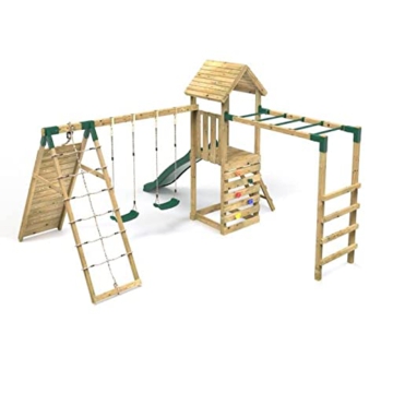 Rebo Outdoor Spielturm mit Doppelschaukel und Rutsche aus Holz, Kinder Schaukel für den Garten inkl. Hangelstange, Kletterwand und Holzleiter, Kinderspielplatz 453 x 355 x 270 cm - 4