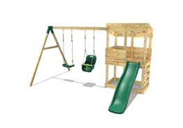 REBO Outdoor Spielturm mit Schaukel, Babyschaukel, Rutsche aus Holz, Kinder Klettergerüst für den Garten inkl. Ausblicksturm, Kinderspielplatz 223 x 345 x 202 cm - 1