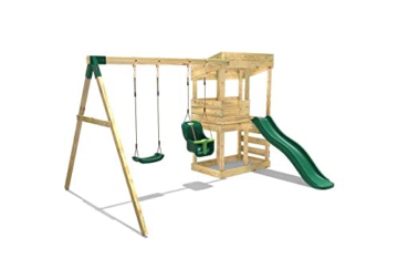 REBO Outdoor Spielturm mit Schaukel, Babyschaukel, Rutsche aus Holz, Kinder Klettergerüst für den Garten inkl. Ausblicksturm, Kinderspielplatz 223 x 345 x 202 cm - 2