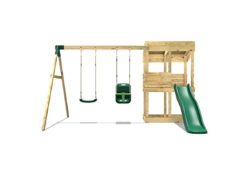 REBO Outdoor Spielturm mit Schaukel, Babyschaukel, Rutsche aus Holz, Kinder Klettergerüst für den Garten inkl. Ausblicksturm, Kinderspielplatz 223 x 345 x 202 cm - 3