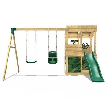 REBO Outdoor Spielturm mit Schaukel, Babyschaukel, Rutsche aus Holz, Kinder Klettergerüst für den Garten inkl. Ausblicksturm, Teleskop und Kletterwand, Kinderspielplatz 223 x 345 x 202 cm - 5