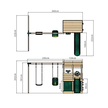 REBO Outdoor Spielturm mit Schaukel, Babyschaukel, Rutsche aus Holz, Kinder Klettergerüst für den Garten inkl. Ausblicksturm, Teleskop und Kletterwand, Kinderspielplatz 223 x 345 x 202 cm - 6