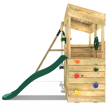 REBO Outdoor Spielturm mit Schaukel, Rutsche aus Holz, Kinder Klettergerüst für den Garten inkl. Ausblicksturm, Höhle, Teleskop, Lenkrad und Kletterwand, Kinderspielplatz 223 x 265 x 202 cm - 3