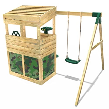 REBO Outdoor Spielturm mit Schaukel, Rutsche aus Holz, Kinder Klettergerüst für den Garten inkl. Ausblicksturm, Höhle, Teleskop, Lenkrad und Kletterwand, Kinderspielplatz 223 x 265 x 202 cm - 4