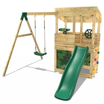 REBO Outdoor Spielturm mit Schaukel, Rutsche aus Holz, Kinder Klettergerüst für den Garten inkl. Ausblicksturm, Höhle, Teleskop, Lenkrad und Kletterwand, Kinderspielplatz 223 x 265 x 202 cm - 1