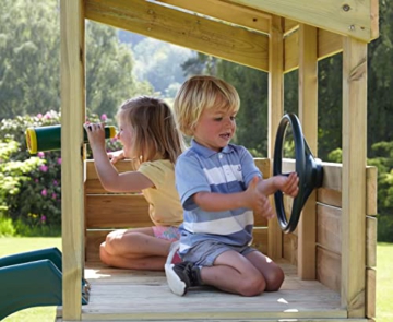 REBO Outdoor Spielturm mit Schaukel, Rutsche aus Holz, Kinder Klettergerüst für den Garten inkl. Ausblicksturm, Höhle, Teleskop, Lenkrad und Kletterwand, Kinderspielplatz 223 x 265 x 202 cm - 8