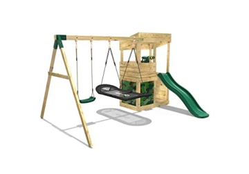 REBO Outdoor Spielturm mit Schaukel, Swing-Schaukel, Rutsche aus Holz, Kinder Klettergerüst für den Garten inkl. Ausblicksturm, Teleskop, Lenkrad und Kletterwand, Kinderspielplatz 223 x 345 x 202 cm - 2