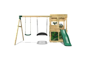 REBO Outdoor Spielturm mit Schaukel, Swing-Schaukel, Rutsche aus Holz, Kinder Klettergerüst für den Garten inkl. Ausblicksturm, Teleskop, Lenkrad und Kletterwand, Kinderspielplatz 223 x 345 x 202 cm - 3