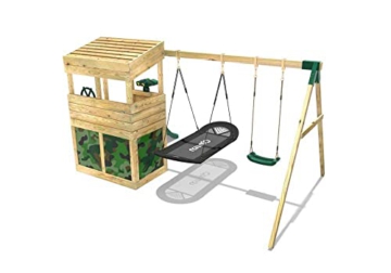 REBO Outdoor Spielturm mit Schaukel, Swing-Schaukel, Rutsche aus Holz, Kinder Klettergerüst für den Garten inkl. Ausblicksturm, Teleskop, Lenkrad und Kletterwand, Kinderspielplatz 223 x 345 x 202 cm - 4