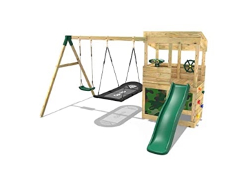 REBO Outdoor Spielturm mit Schaukel, Swing-Schaukel, Rutsche aus Holz, Kinder Klettergerüst für den Garten inkl. Ausblicksturm, Teleskop, Lenkrad und Kletterwand, Kinderspielplatz 223 x 345 x 202 cm - 1