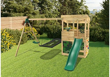 REBO Outdoor Spielturm mit Schaukel, Swing-Schaukel, Rutsche aus Holz, Kinder Klettergerüst für den Garten inkl. Ausblicksturm, Teleskop, Lenkrad und Kletterwand, Kinderspielplatz 223 x 345 x 202 cm - 6