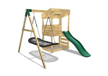 REBO Outdoor Spielturm mit Swing-Schaukel, Rutsche aus Holz, Kinder Klettergerüst für den Garten inkl. Ausblicksturm, Kinderspielplatz 223 x 265 x 202 cm - 2