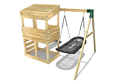 REBO Outdoor Spielturm mit Swing-Schaukel, Rutsche aus Holz, Kinder Klettergerüst für den Garten inkl. Ausblicksturm, Kinderspielplatz 223 x 265 x 202 cm - 4