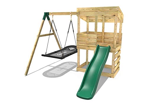 REBO Outdoor Spielturm mit Swing-Schaukel, Rutsche aus Holz, Kinder Klettergerüst für den Garten inkl. Ausblicksturm, Kinderspielplatz 223 x 265 x 202 cm - 1