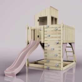 Rebo Spielturm aus Holz mit Wellenrutsche | Outdoor Klettergerüst mit Plattform, Spielhaus, Kletterwand, Sandkasten und Kleterseil - 1