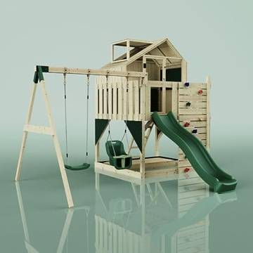 Rebo Spielturm mit Spielhaus inkl. Wellenrutsche, Kinder-Schaukel und Baby-Schaukel | Outdoor Klettergerüst Garten | Kletterwand und Kletterleiter | Stabile Konstruktion - 6