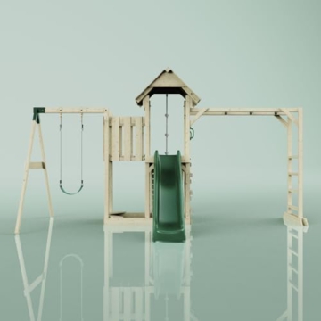 Rebo Spielturm mit Wellenrutsche aus Holz | Outdoor Klettergerüst mit Kinderschaukel, Hangelstangen, Plattform und Kletterseil - 2