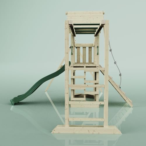 Rebo Spielturm mit Wellenrutsche aus Holz | Outdoor Klettergerüst mit Kinderschaukel, Hangelstangen, Plattform und Kletterseil - 3