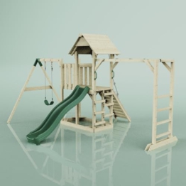 Rebo Spielturm mit Wellenrutsche aus Holz | Outdoor Klettergerüst mit Kinderschaukel, Hangelstangen, Plattform und Kletterseil - 1