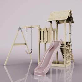 Rebo Spielturm mit Wellenrutsche und Kinder-Schaukel | Outdoor Klettergerüst Garten mit Plattform | Kletterseil und Kletterleiter | Stabile Konstruktion, Weiches Gefühl in den Seilen - 1