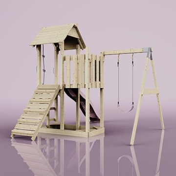 Rebo Spielturm mit Wellenrutsche und Kinder-Schaukel | Outdoor Klettergerüst Garten mit Plattform | Kletterseil und Kletterleiter | Stabile Konstruktion, Weiches Gefühl in den Seilen - 5