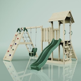ReboOutdoor Spielturm mit Wellenrutsche | Klettergerüst mit Kinderschaukel, Kletterturm, Kletterwand, Kletternetz | Stabile Konstruktion, Weiches Gefühl in den Seilen - 1
