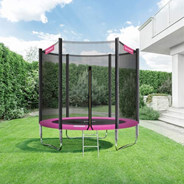 SONGMICS Trampolin Ø 244 cm, rundes Gartentrampolin mit Sicherheitsnetz, mit Leiter und gepolsterten Stangen, Sicherheitsabdeckung, TÜV Rheinland getestet, sicher, Outdoor, schwarz-pink STR081P01 - 6