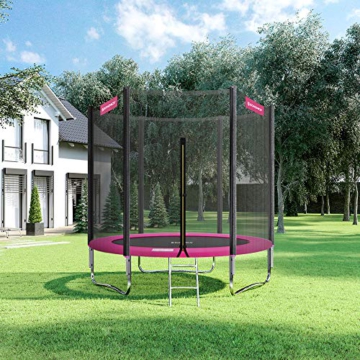 SONGMICS Trampolin Ø 244 cm, rundes Gartentrampolin mit Sicherheitsnetz, mit Leiter und gepolsterten Stangen, Sicherheitsabdeckung, TÜV Rheinland getestet, sicher, Outdoor, schwarz-pink STR081P01 - 7