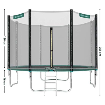 SONGMICS Trampolin Ø 305 cm, rundes Gartentrampolin mit Sicherheitsnetz, mit Leiter und gepolsterten Stangen, Sicherheitsabdeckung, TÜV Rheinland getestet, sicher, Outdoor, schwarz, Grün STR10GN - 6