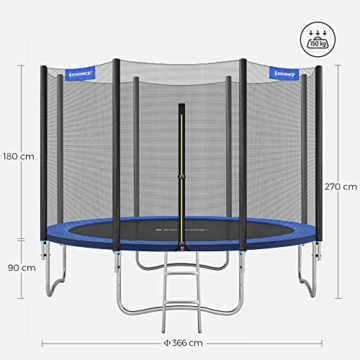 SONGMICS Trampolin Ø 305 cm, rundes Gartentrampolin mit Sicherheitsnetz, mit Leiter und gepolsterten Stangen, Sicherheitsabdeckung, TÜV Rheinland getestet, sicher, Outdoor, schwarz, blau STR10FT - 5