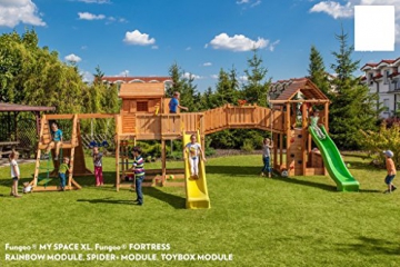 Spielanlage "SPIDER LAND" DREI Spieltürme von Fungoo - Podesthöhe 145cm mit Rutsche 290 cm, Schaukel und Holz - 1