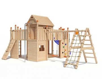 Spielturm Baumhaus Fort Fox von ISIDOR mit erweitertem Schaukelanbau, Doppelschaukel, Rutsche, Kletternetz, hissbarer Fahne und Kletterrampe auf 1,50 Meter Podesthöhe (blau) - 